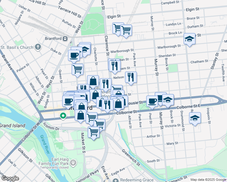 map of restaurants, bars, coffee shops, grocery stores, and more near 141 Wellington Street in Brantford