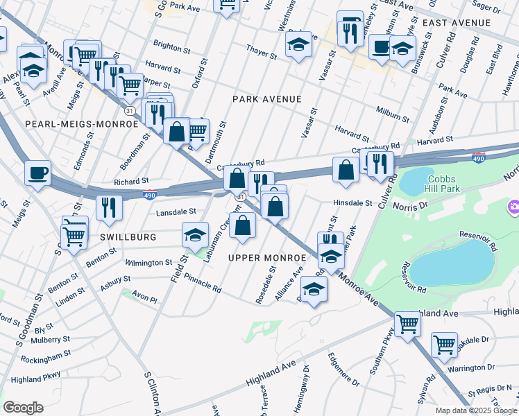 map of restaurants, bars, coffee shops, grocery stores, and more near 902 Monroe Avenue in Rochester