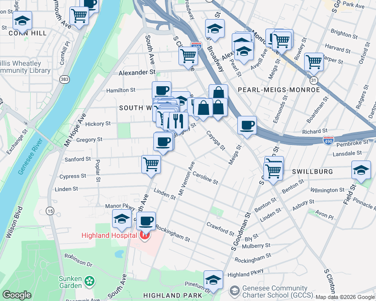 map of restaurants, bars, coffee shops, grocery stores, and more near 53 Nicholson Street in Rochester