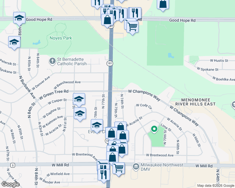 map of restaurants, bars, coffee shops, grocery stores, and more near in Milwaukee