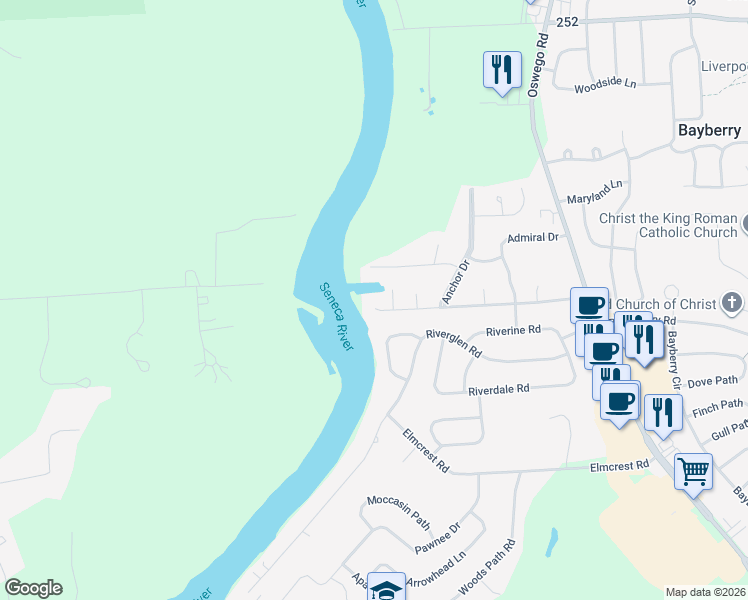 map of restaurants, bars, coffee shops, grocery stores, and more near 3991 Bay Park Drive in Liverpool