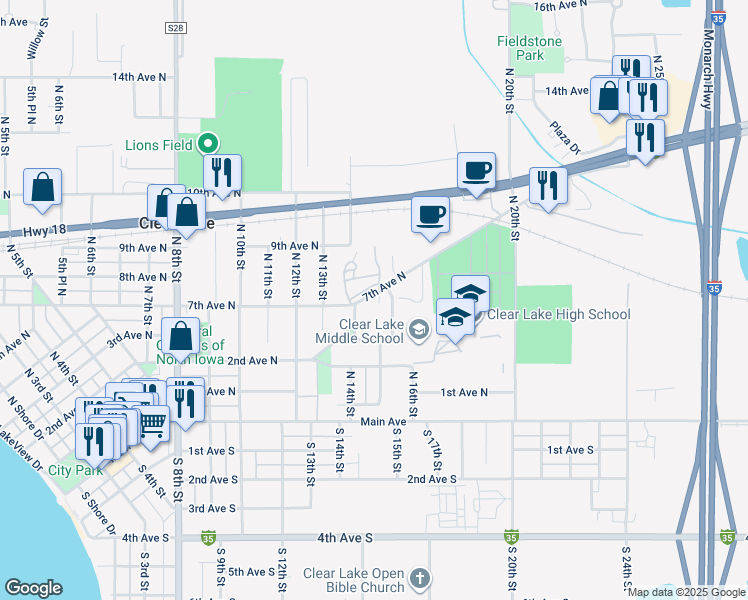map of restaurants, bars, coffee shops, grocery stores, and more near 1409 7th Avenue North in Clear Lake