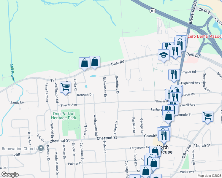 map of restaurants, bars, coffee shops, grocery stores, and more near 107 Tallmadge Road in Syracuse