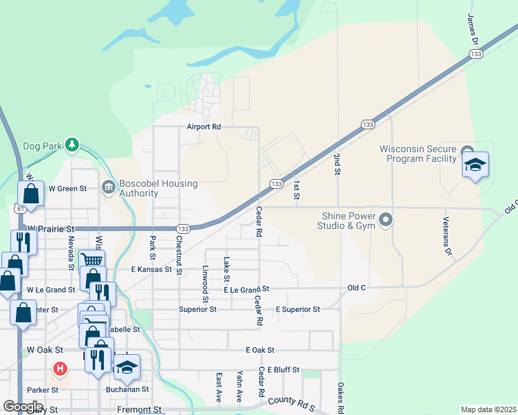 map of restaurants, bars, coffee shops, grocery stores, and more near 401 Cedar Road in Boscobel