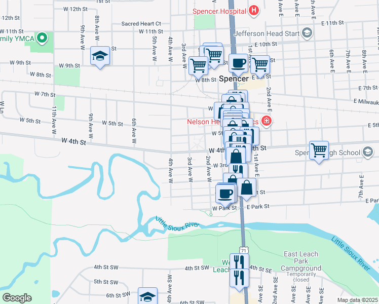 map of restaurants, bars, coffee shops, grocery stores, and more near W 4th St & 3rd Ave W in Spencer