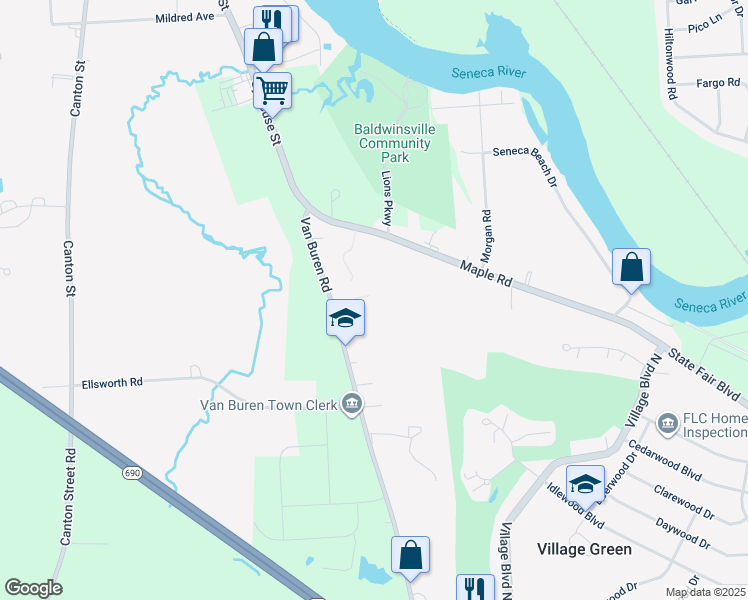 map of restaurants, bars, coffee shops, grocery stores, and more near 7650 Van Buren Road in Baldwinsville