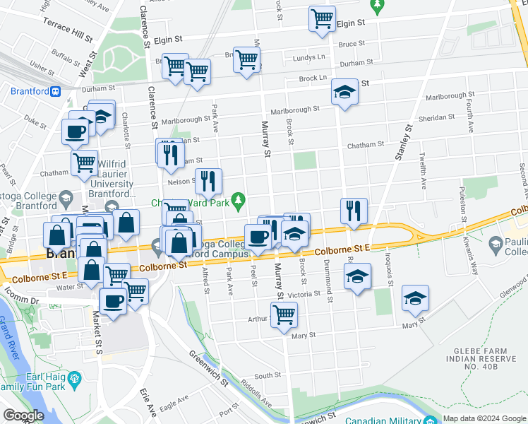 map of restaurants, bars, coffee shops, grocery stores, and more near 238 Darling Street in Brantford