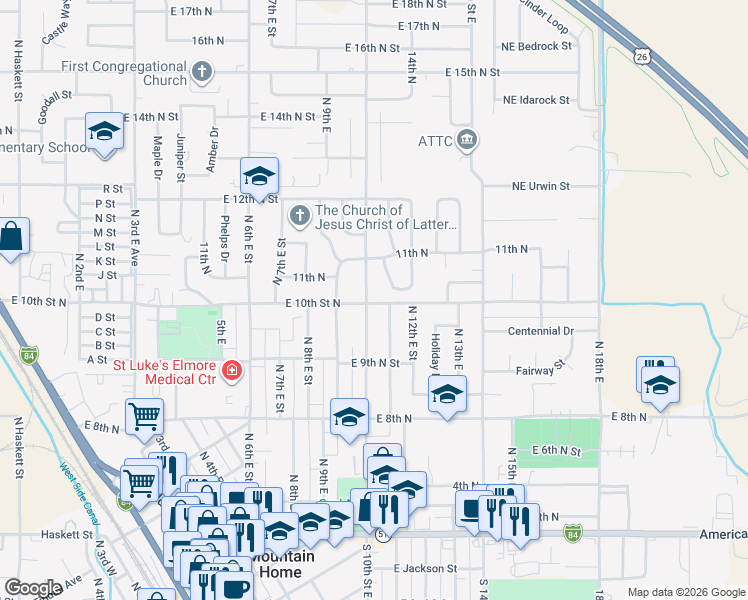 map of restaurants, bars, coffee shops, grocery stores, and more near 1015 North 10th East Street in Mountain Home