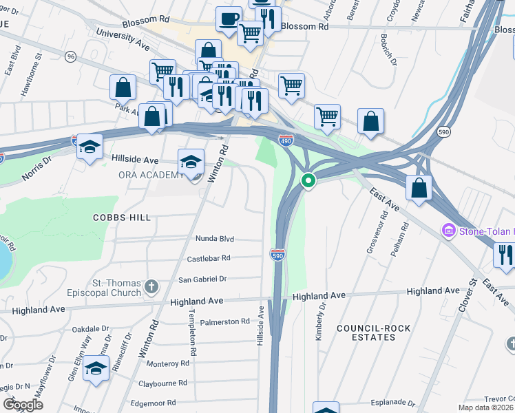 map of restaurants, bars, coffee shops, grocery stores, and more near 88 Cathaway Park in Rochester