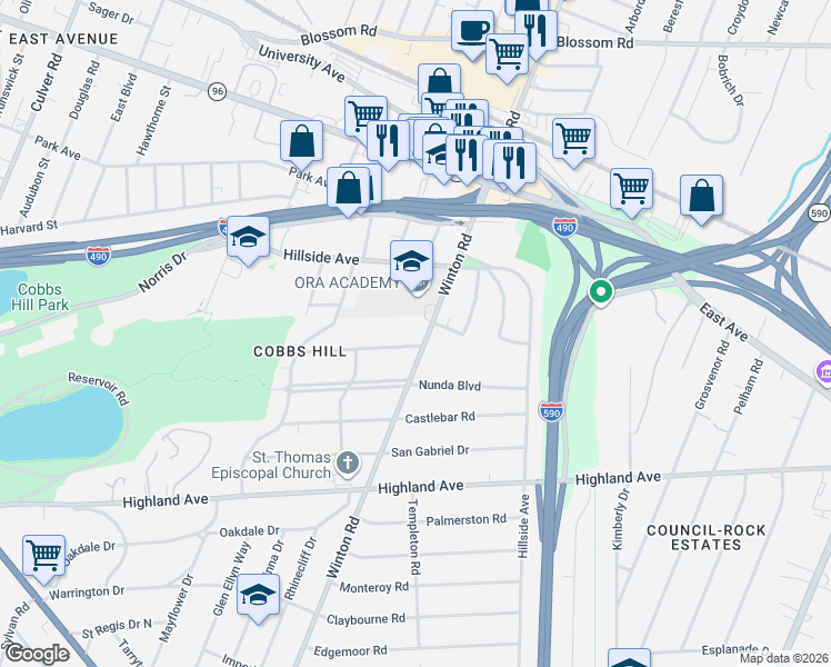 map of restaurants, bars, coffee shops, grocery stores, and more near 220 South Winton Road in Rochester