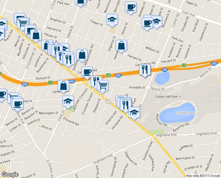 map of restaurants, bars, coffee shops, grocery stores, and more near 307 Rosedale Street in Rochester