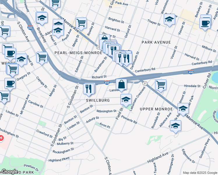 map of restaurants, bars, coffee shops, grocery stores, and more near 73 Nelson Street in Rochester