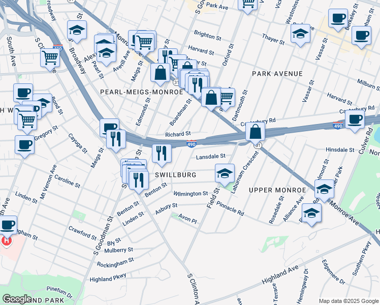 map of restaurants, bars, coffee shops, grocery stores, and more near 73 Nelson Street in Rochester