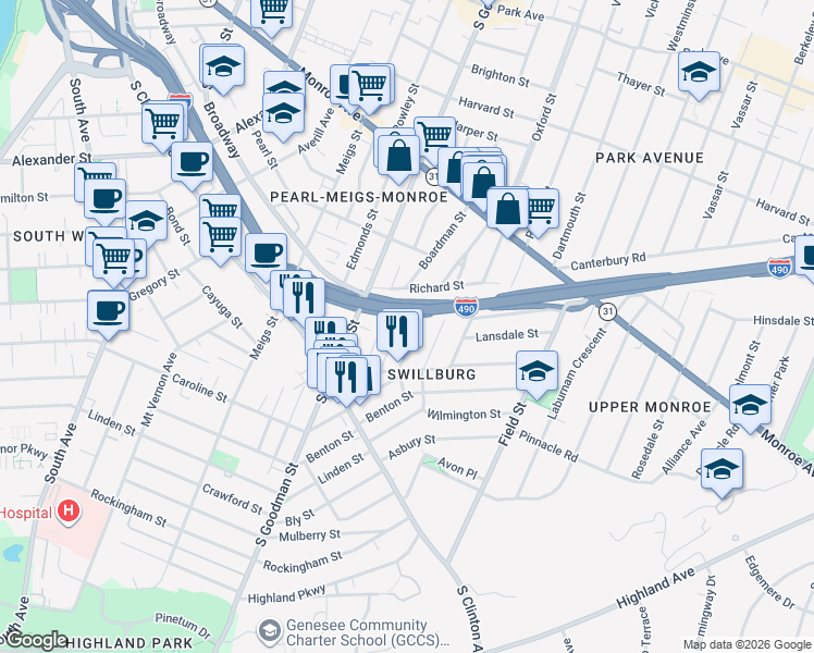 map of restaurants, bars, coffee shops, grocery stores, and more near 82 Bloomfield Place in Rochester