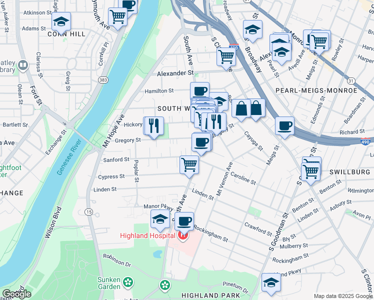 map of restaurants, bars, coffee shops, grocery stores, and more near 725 South Avenue in Rochester