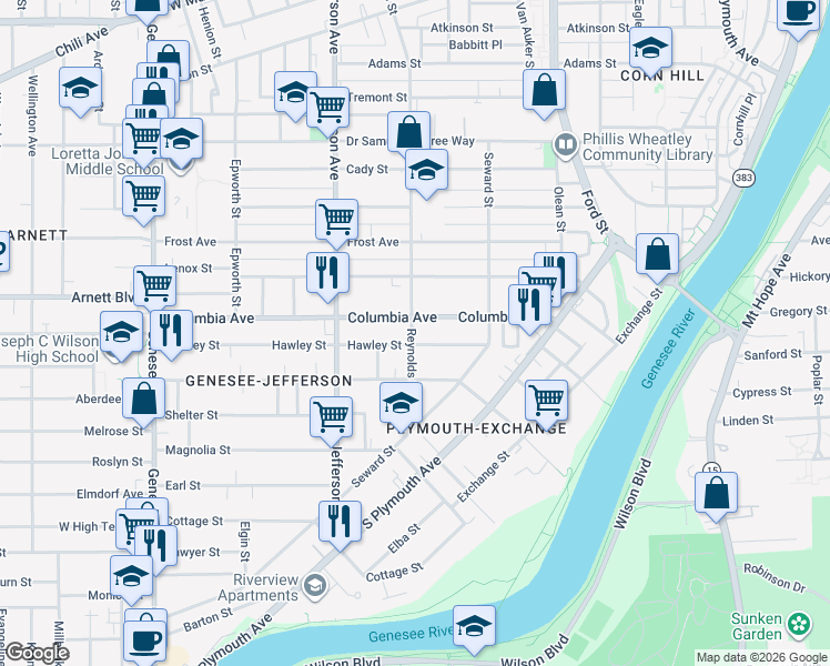 map of restaurants, bars, coffee shops, grocery stores, and more near 221 Columbia Avenue in Rochester