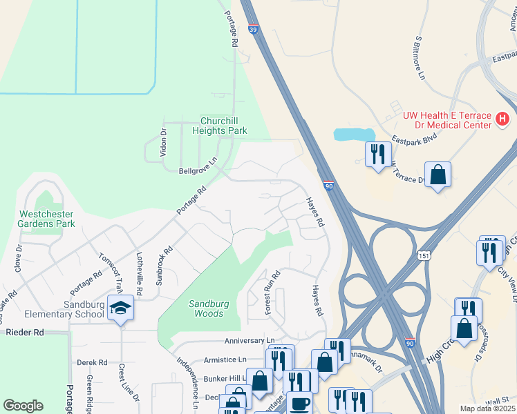map of restaurants, bars, coffee shops, grocery stores, and more near 347 West Village Green Lane in Madison