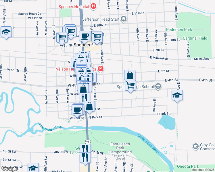 map of restaurants, bars, coffee shops, grocery stores, and more near 123 East 4th Street in Spencer