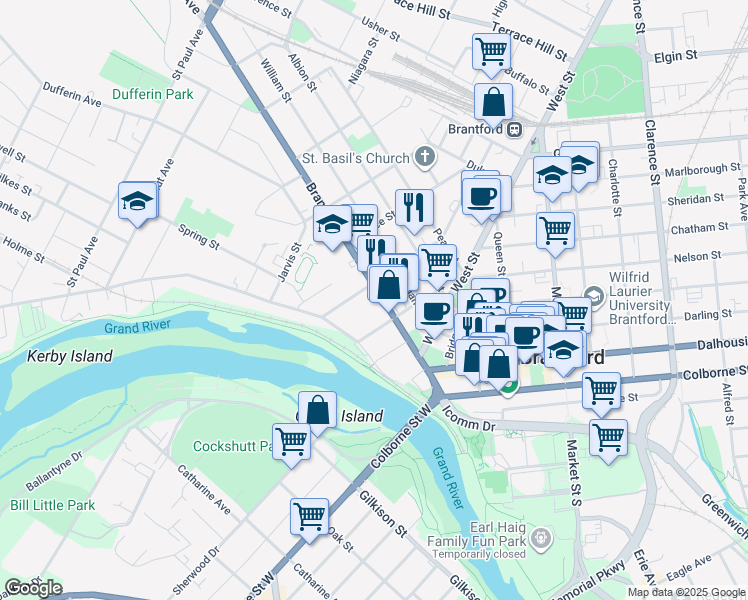 map of restaurants, bars, coffee shops, grocery stores, and more near 75 Brant Avenue in Brantford