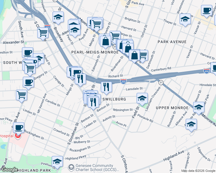 map of restaurants, bars, coffee shops, grocery stores, and more near 82 Bloomfield Place in Rochester