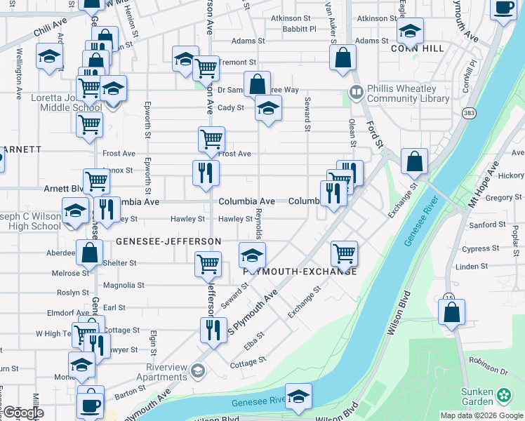 map of restaurants, bars, coffee shops, grocery stores, and more near 221 Columbia Avenue in Rochester