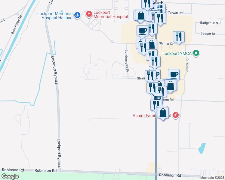 map of restaurants, bars, coffee shops, grocery stores, and more near 6100 Strauss Road in Lockport