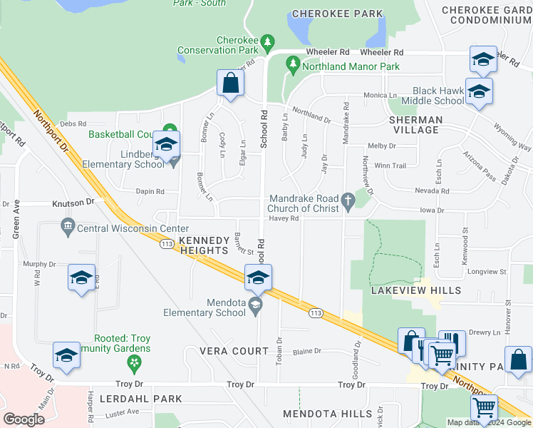 map of restaurants, bars, coffee shops, grocery stores, and more near 4301 School Road in Madison