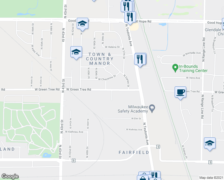 map of restaurants, bars, coffee shops, grocery stores, and more near 6798 North 38th Court in Milwaukee