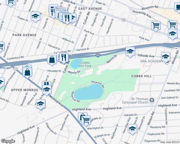 map of restaurants, bars, coffee shops, grocery stores, and more near 645 Norris Drive in Rochester