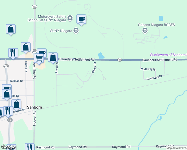 map of restaurants, bars, coffee shops, grocery stores, and more near 3089 Shenk Road in Sanborn