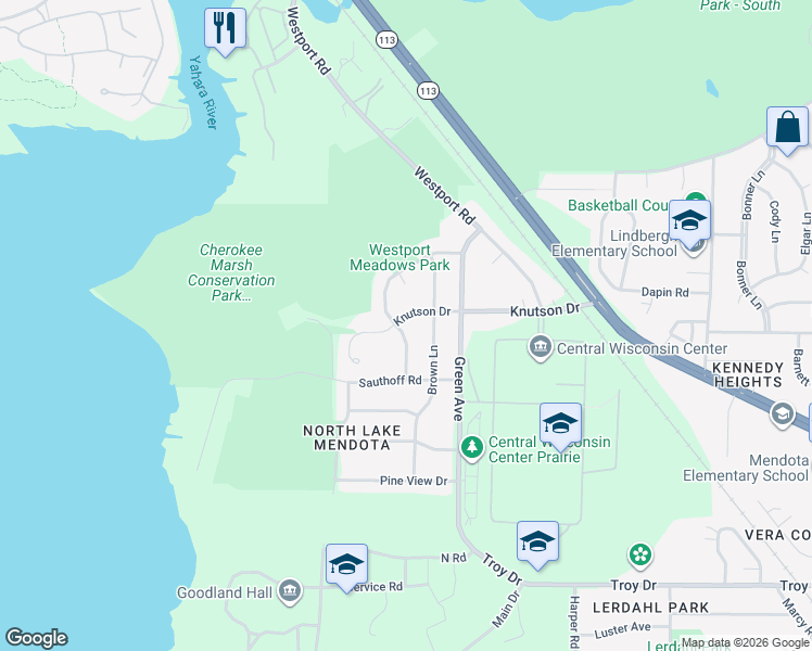 map of restaurants, bars, coffee shops, grocery stores, and more near 101 Knutson Drive in Madison