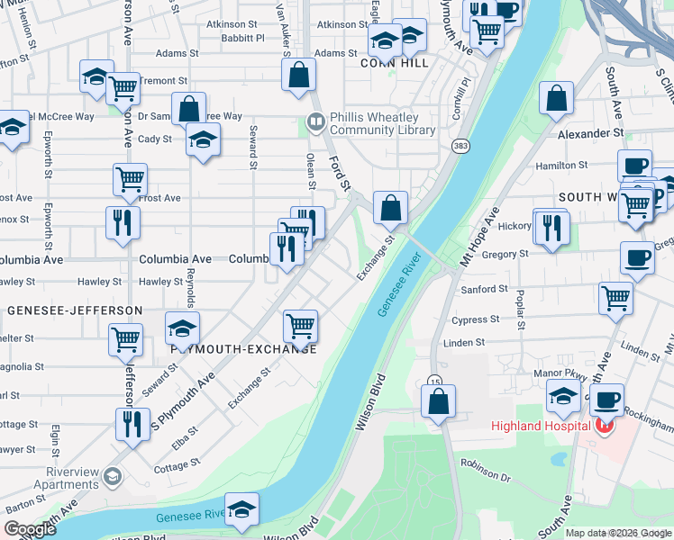 map of restaurants, bars, coffee shops, grocery stores, and more near 36 Doran Street in Rochester