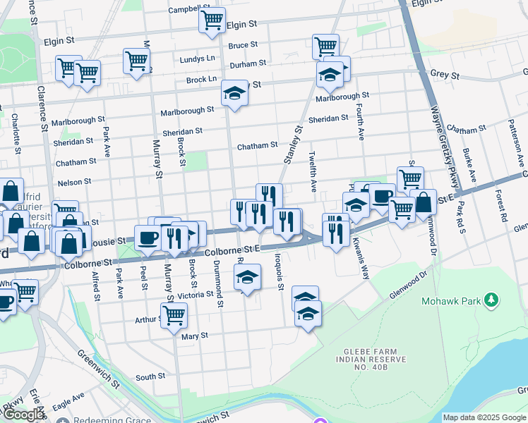 map of restaurants, bars, coffee shops, grocery stores, and more near 331 Darling Street in Brantford