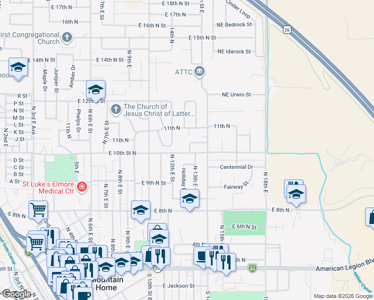map of restaurants, bars, coffee shops, grocery stores, and more near 1240 East 10th Street North in Mountain Home