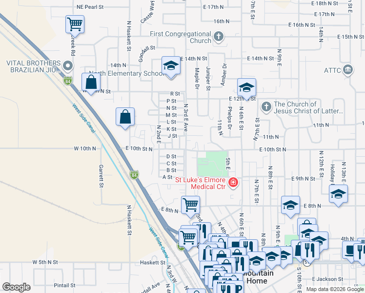 map of restaurants, bars, coffee shops, grocery stores, and more near 1037 North 3rd East Street in Mountain Home