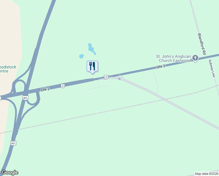 map of restaurants, bars, coffee shops, grocery stores, and more near 685752 John Street in Woodstock