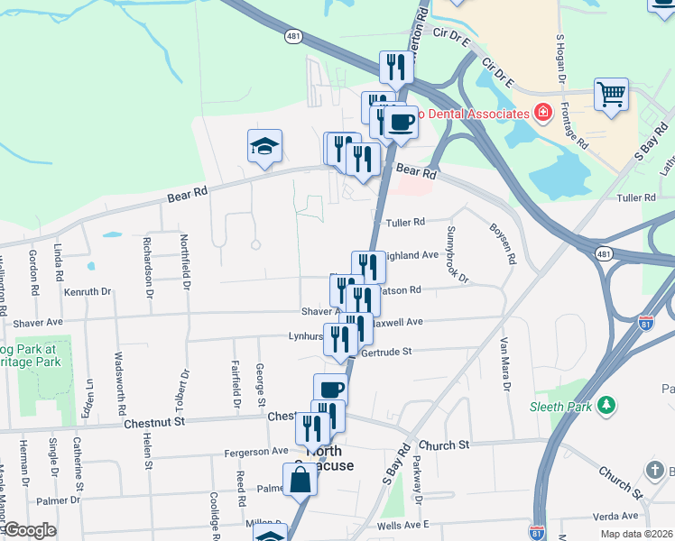 map of restaurants, bars, coffee shops, grocery stores, and more near 112 Elm Street in Syracuse