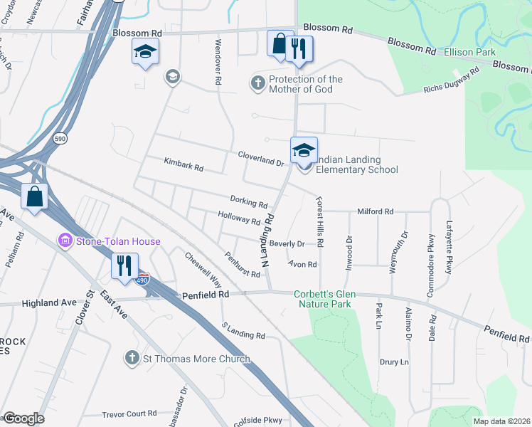 map of restaurants, bars, coffee shops, grocery stores, and more near 265 Dorking Road in Rochester