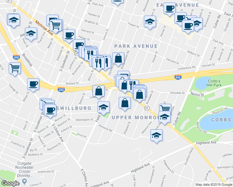 map of restaurants, bars, coffee shops, grocery stores, and more near 36 Field Street in Rochester