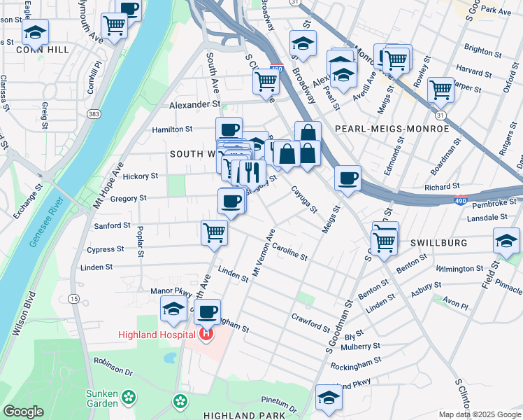 map of restaurants, bars, coffee shops, grocery stores, and more near 40 Nicholson Street in Rochester