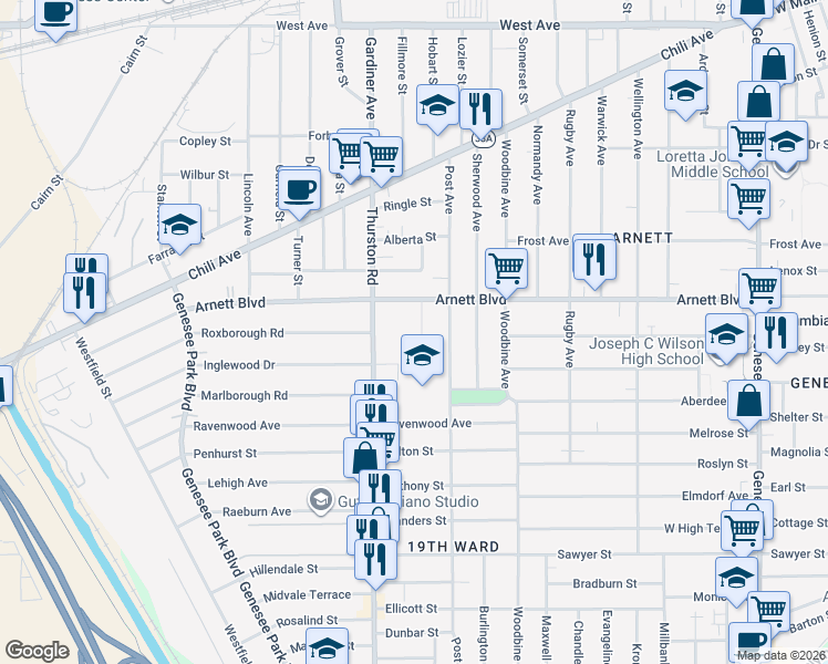 map of restaurants, bars, coffee shops, grocery stores, and more near 30 Colgate Street in Rochester