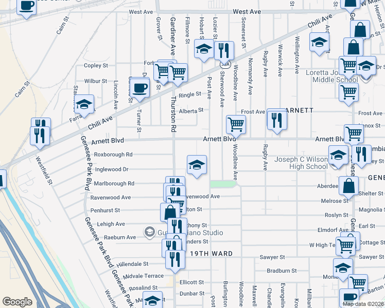 map of restaurants, bars, coffee shops, grocery stores, and more near 30 Colgate Street in Rochester