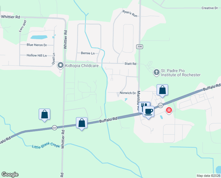 map of restaurants, bars, coffee shops, grocery stores, and more near 158 Norwich Drive in Rochester