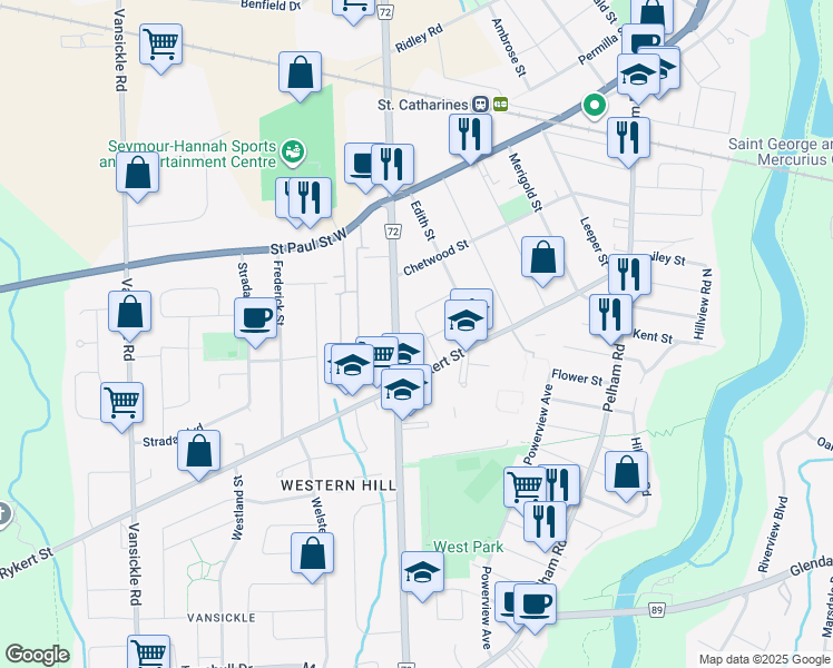 map of restaurants, bars, coffee shops, grocery stores, and more near in St. Catharines