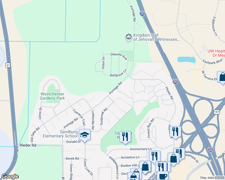 map of restaurants, bars, coffee shops, grocery stores, and more near 3600 Portage Road in Madison