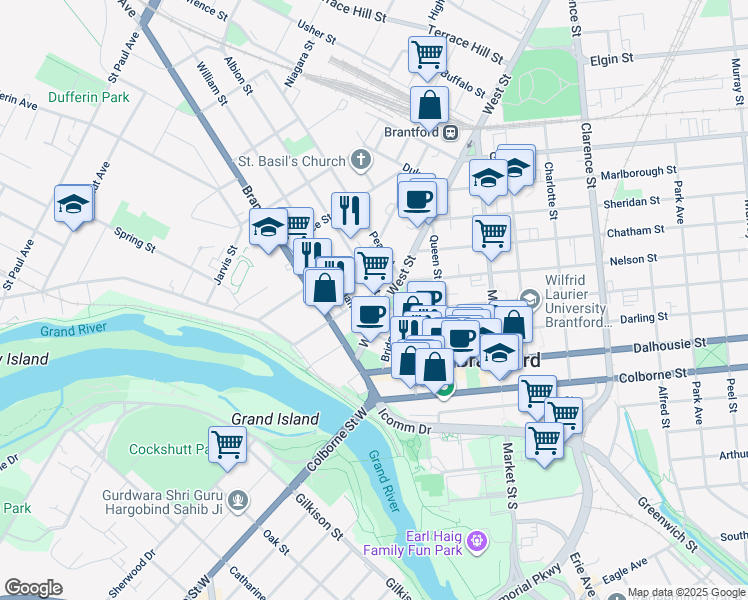 map of restaurants, bars, coffee shops, grocery stores, and more near 8 Albion Street in Brantford