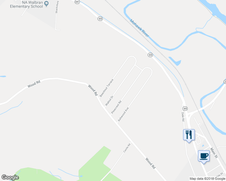 map of restaurants, bars, coffee shops, grocery stores, and more near 17 Walnut Drive in Whitesboro