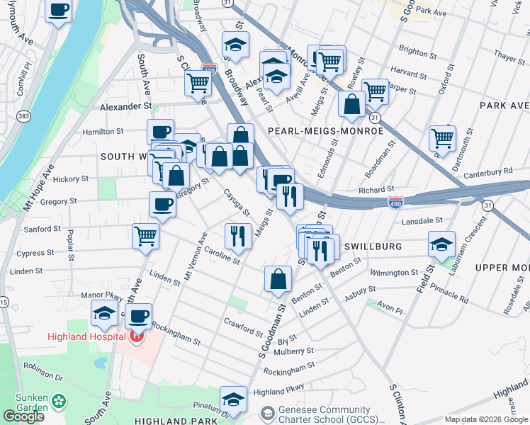 map of restaurants, bars, coffee shops, grocery stores, and more near 675 Meigs Street in Rochester