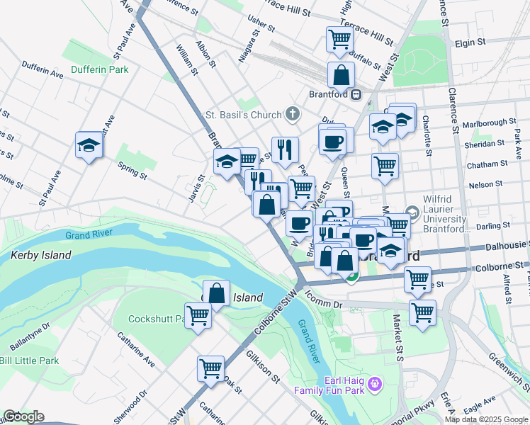 map of restaurants, bars, coffee shops, grocery stores, and more near 75 Brant Avenue in Brantford