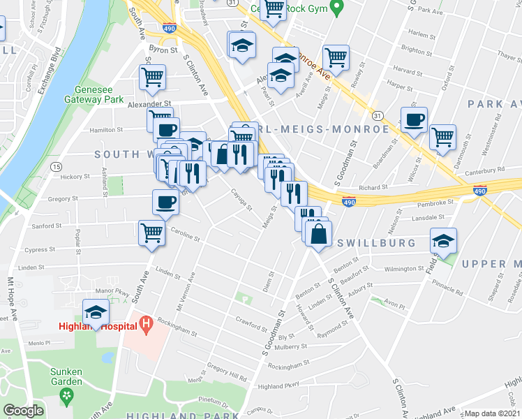 map of restaurants, bars, coffee shops, grocery stores, and more near 46 Cayuga Street in Rochester